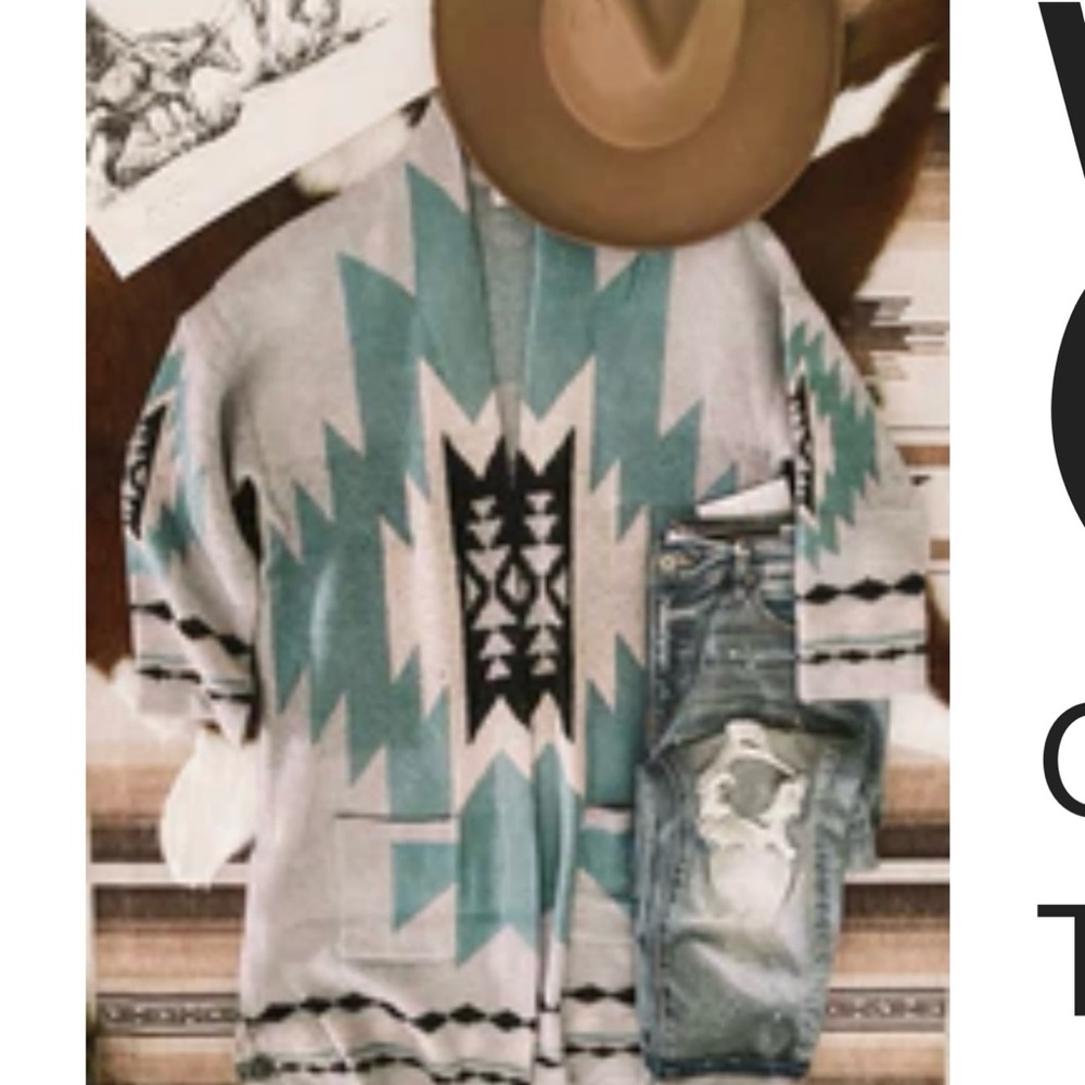 Chic Aztec Patterned Gray and Teal Cardigan